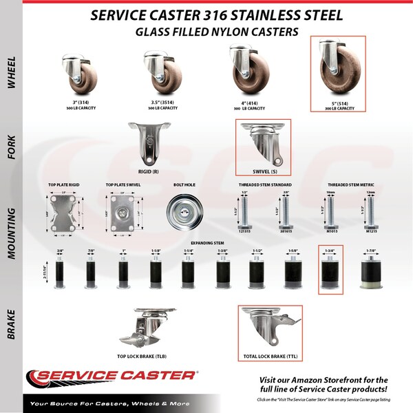 Service Caster 5 Inch 316SS High Temp Glass Filled Nylon 1-3/4 Inch Stem Caster Lck Brake, 2PK SS316TTLEX20S514-GFNSHT-2-S-2-134 - main